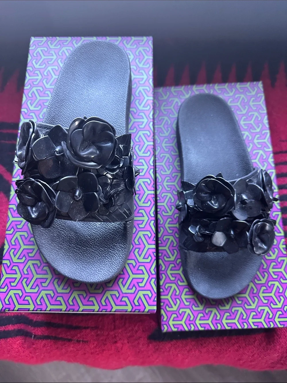 Tory Burch Black Floral Appliqué Slide Sandals